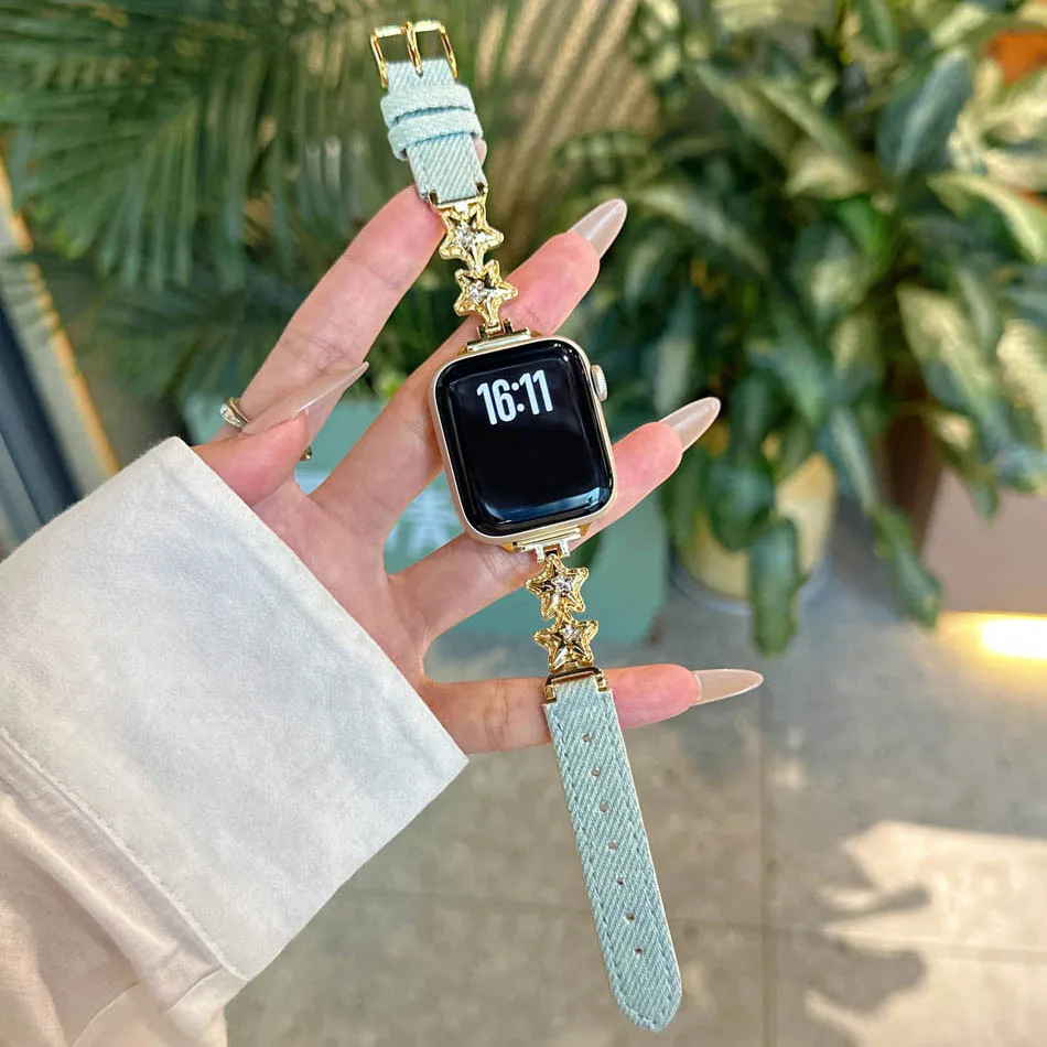 سوار أنيق من الزركون على شكل نجمة بالون لساعة Apple iWatch Series 10 9 8 7 6 5 4 3 2 SE Ultra Band 38 مم 40 مم 41 مم 42 مم 44 مم 45 مم 46 مم 49 مم أساور من الجلد الدنيم