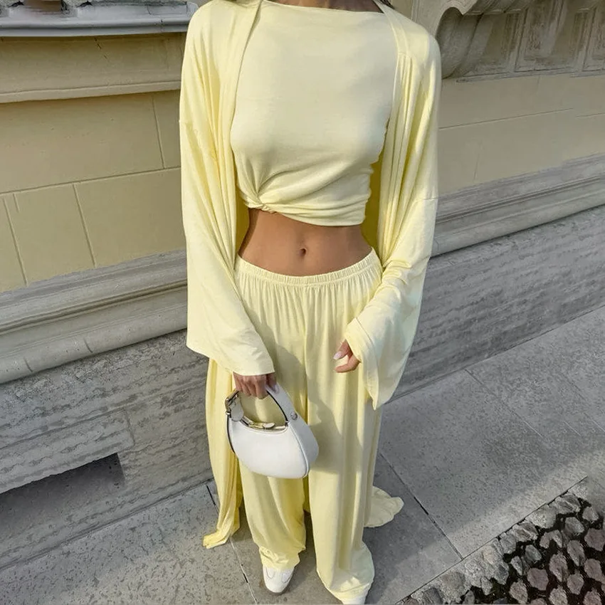 

3 Piece Solid Loungewear Suit Loose Long Sleeve Kimono Open Robe Crop Cami Wide Leg Pants Stretch Skin Friendly Ladies Pajamas