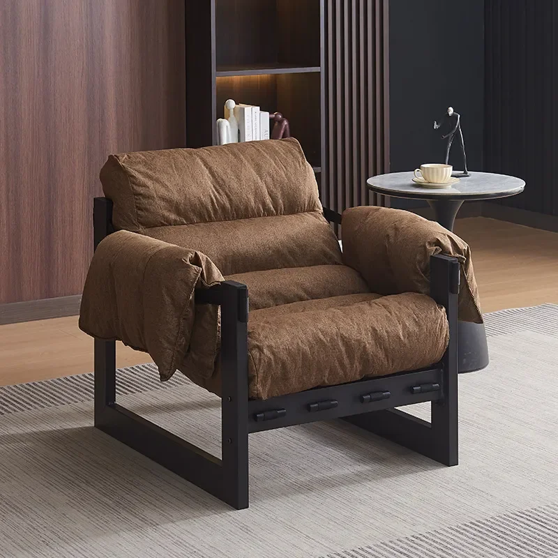 for Ash Wood Jersey Single Sofa Chair French Retro Oil Wax Leather Black Home Leisure Living Room Bedroom Lazy