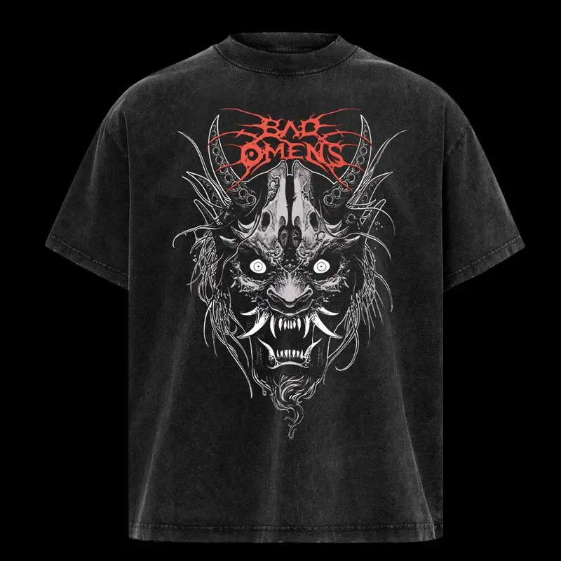 تي شيرت بغطاء للرأس من Bad Omens Dethrone، قميص بشريط معدني، تي شيرت جولة الروك، شورت بديل، تي شيرت رائج، رسومات التسعينيات
