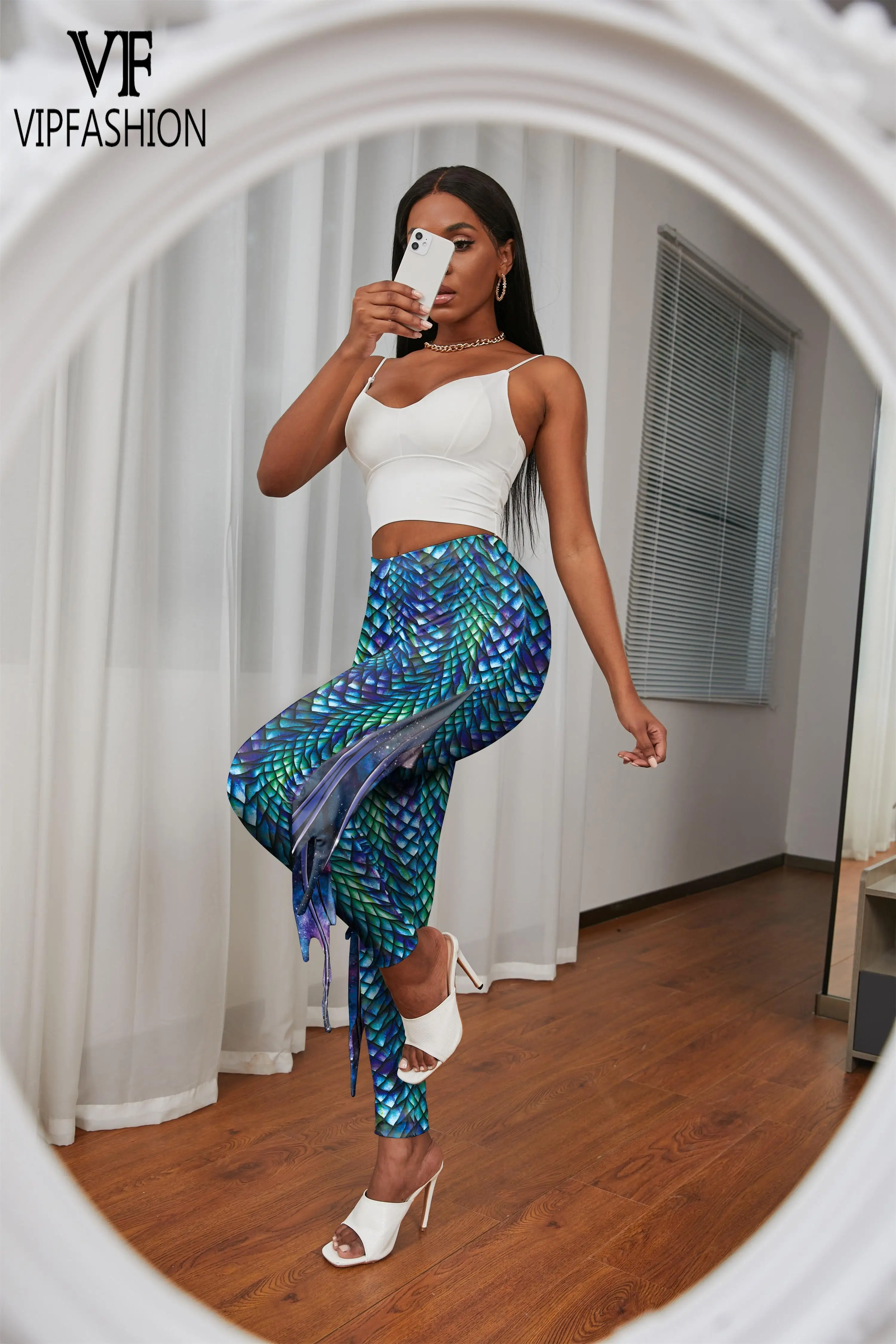 Vip moda colorida peixe escalas leggings mulher verão calças de cintura alta 3d impresso calças de grandes dimensões de fitness fundo elastano