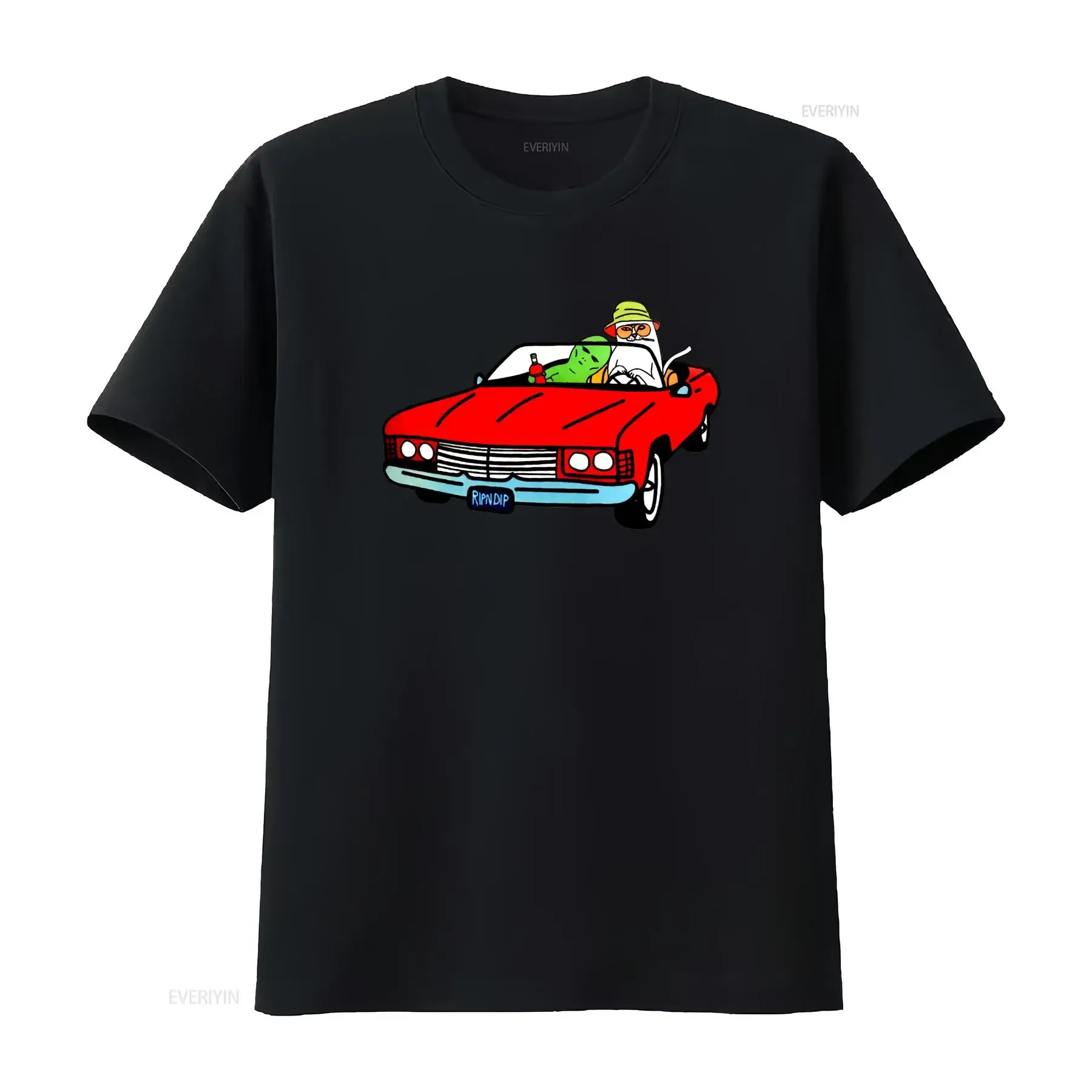 Streetwear Cartoon Cat Alien Convertible Car Print Cool Casual T Shirt vintage Washed Unisex Breathable Top For Everyday Wear