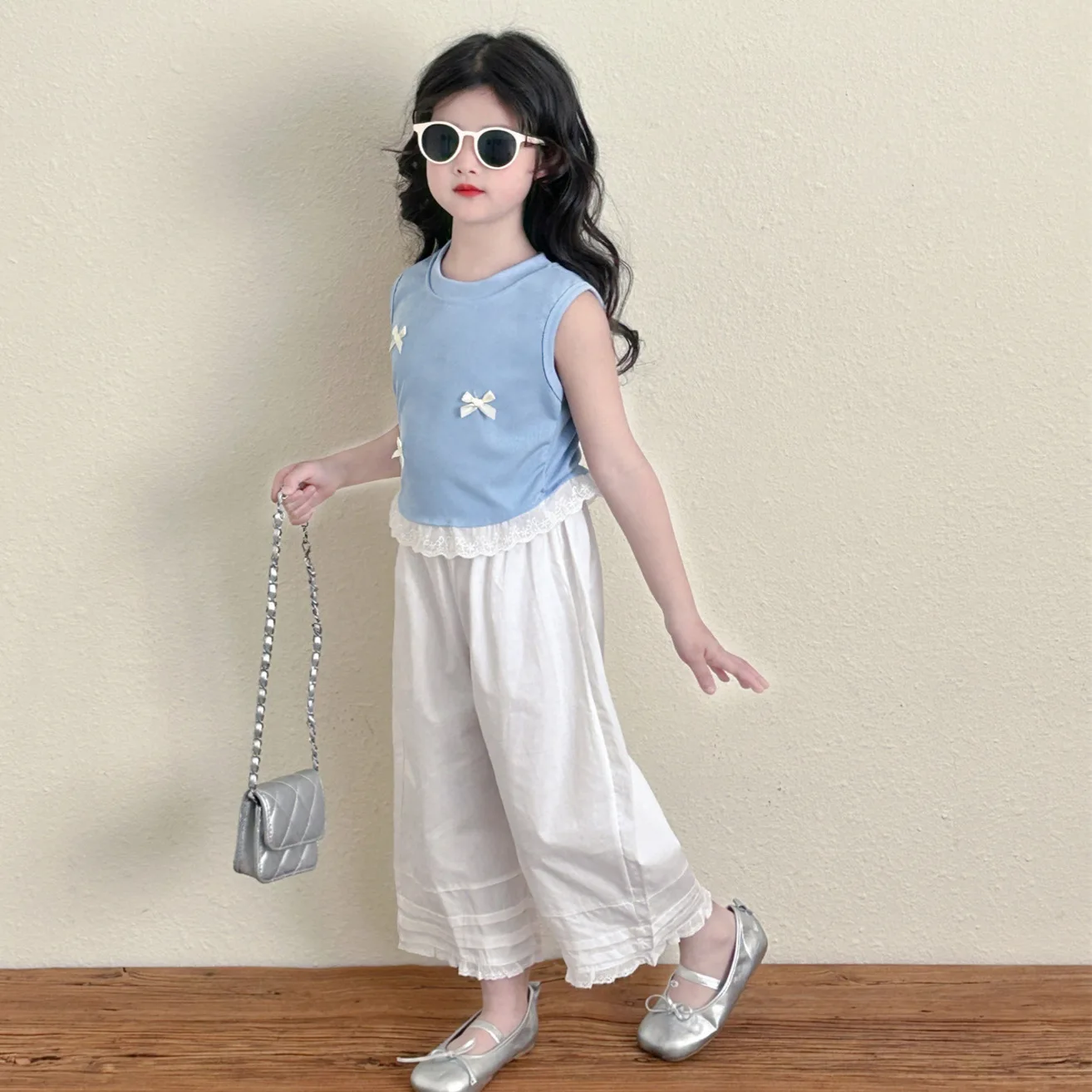 2025 Summer Children's Clothing New Girls Bow Splicing Lace Vest Baby Korean Version of Foreign Wide-leg Lace