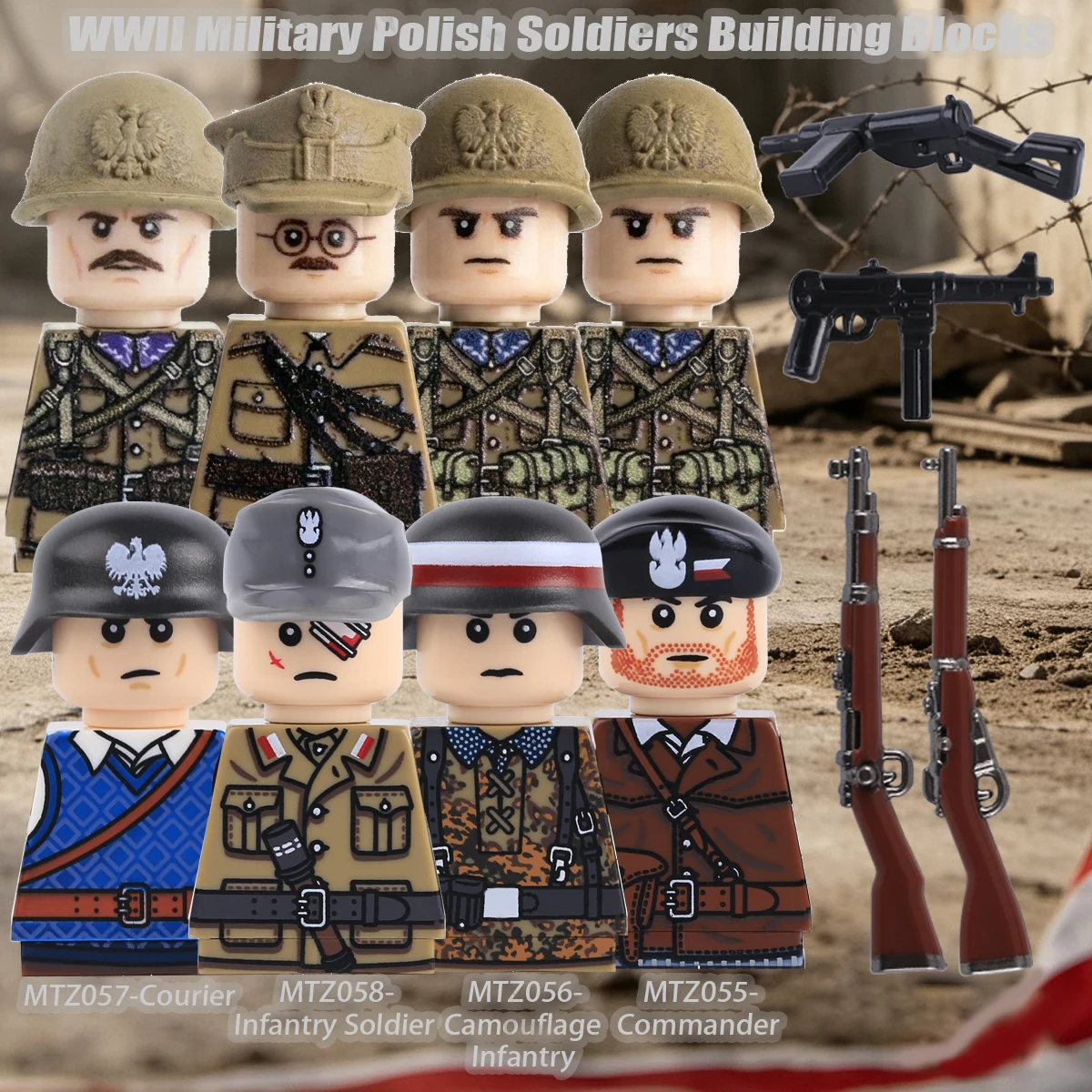 Figurines de soldats polonais de la Seconde Guerre mondiale, blocs de construction, casque, armée, infanterie, briques, jouets, cadeau pour enfants