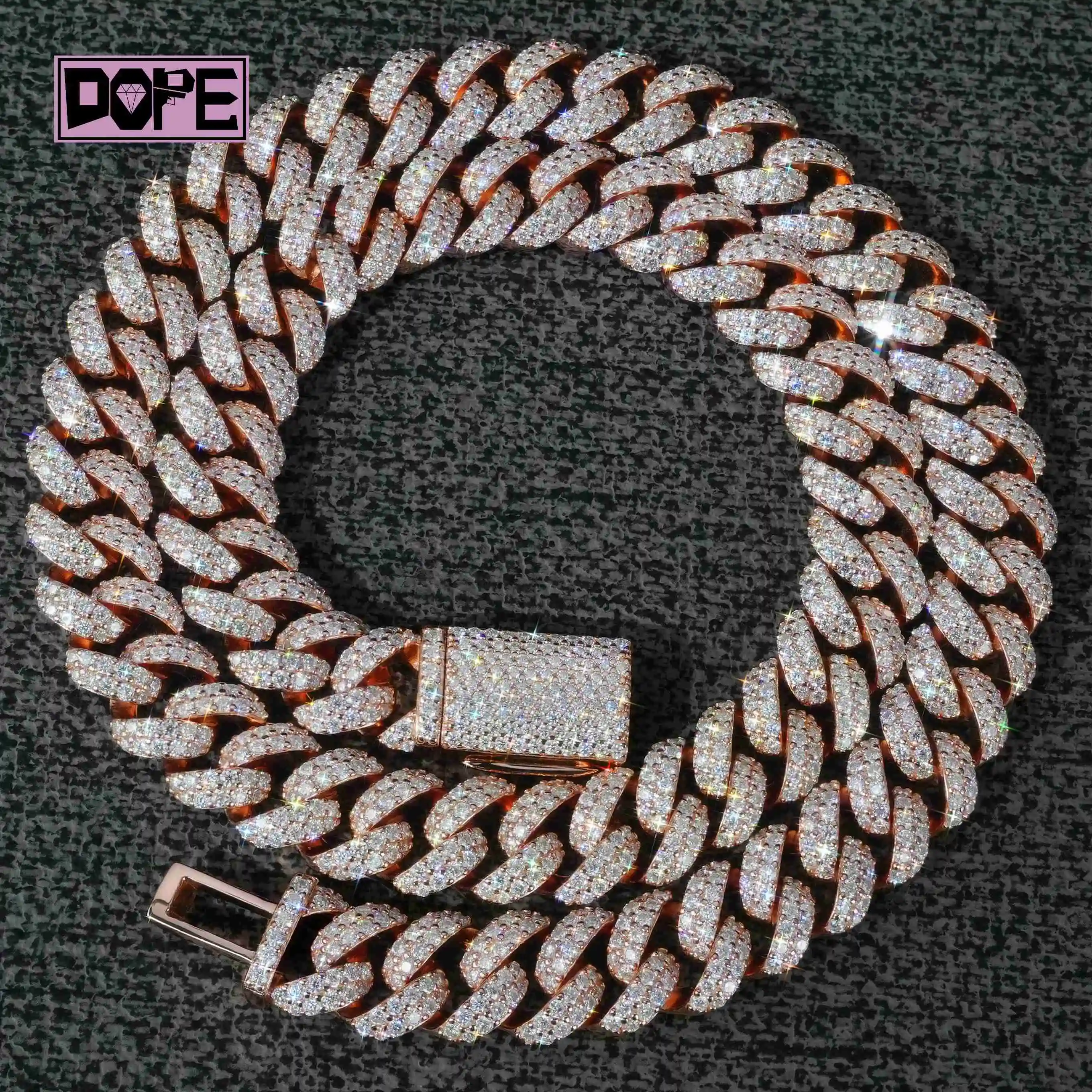 Moissanite Cuban Chain 20mm Moissanite Chain Cuban Necklace 925 Silver Rose Gold Plated Hip Hop Iced Out VVS D Color..
