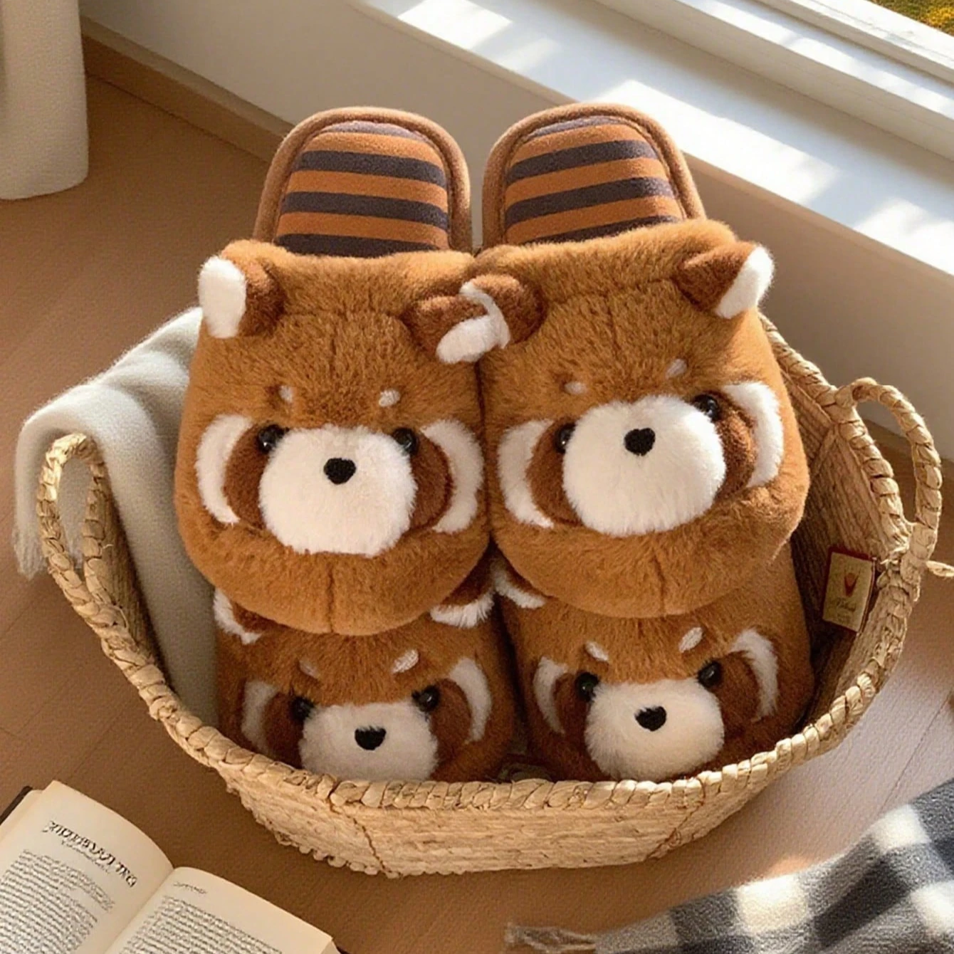 النساء منزل نِعال من الفراء عادية لطيف ثلاثية الأبعاد على شكل جميل الراكون تصميم براون الشتاء داخلي عدم الانزلاق باطن دافئة لينة مريح المنزل جديد