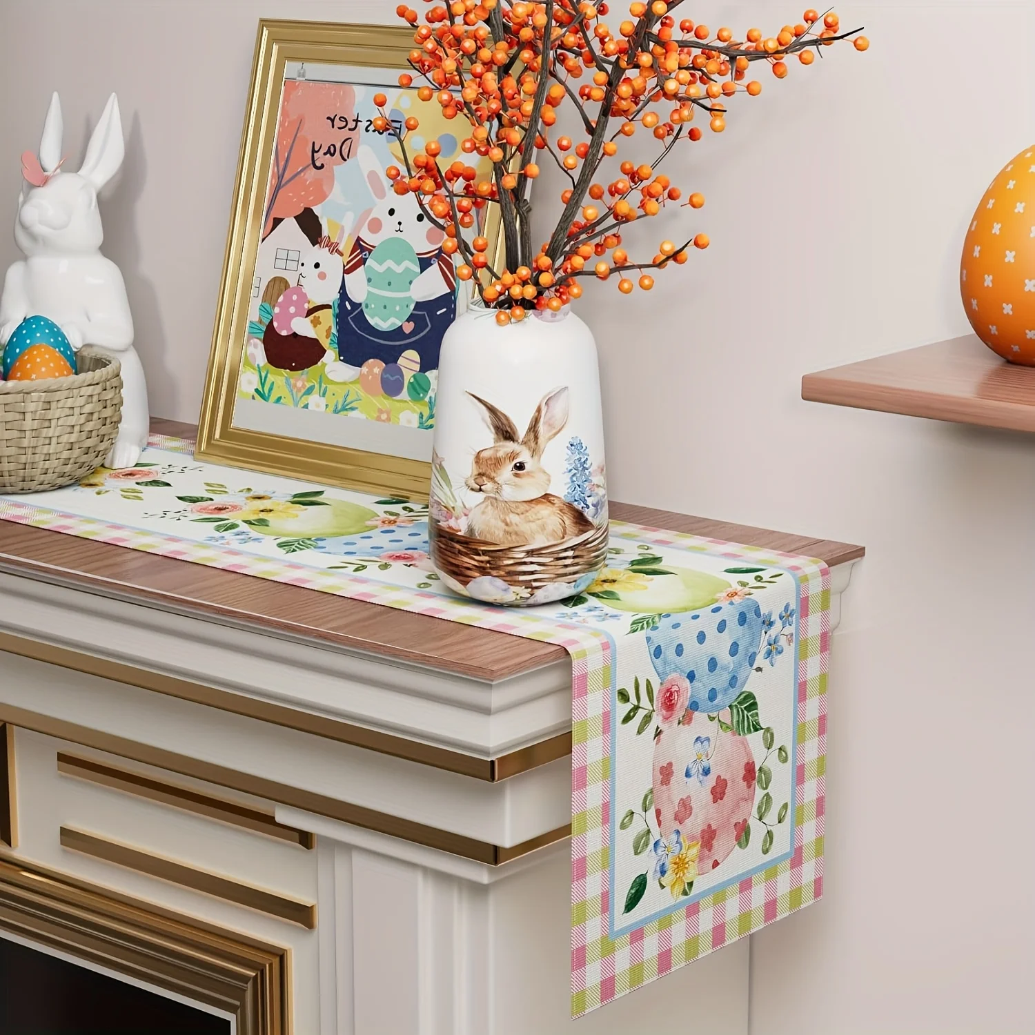 1pc Easter Plaid Linen Table Runner, 100% Linen Rectangular Woven Cloth with Colorful Eggs, Flowers & Eucalyptus Leaves