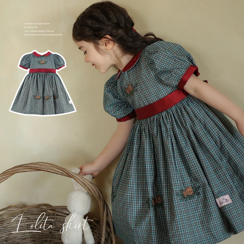 Summer New Handmade Girl's Birthday Retro Plaid Lolita Dress Princess Dress Kids Boutique Quality Sweet Dress