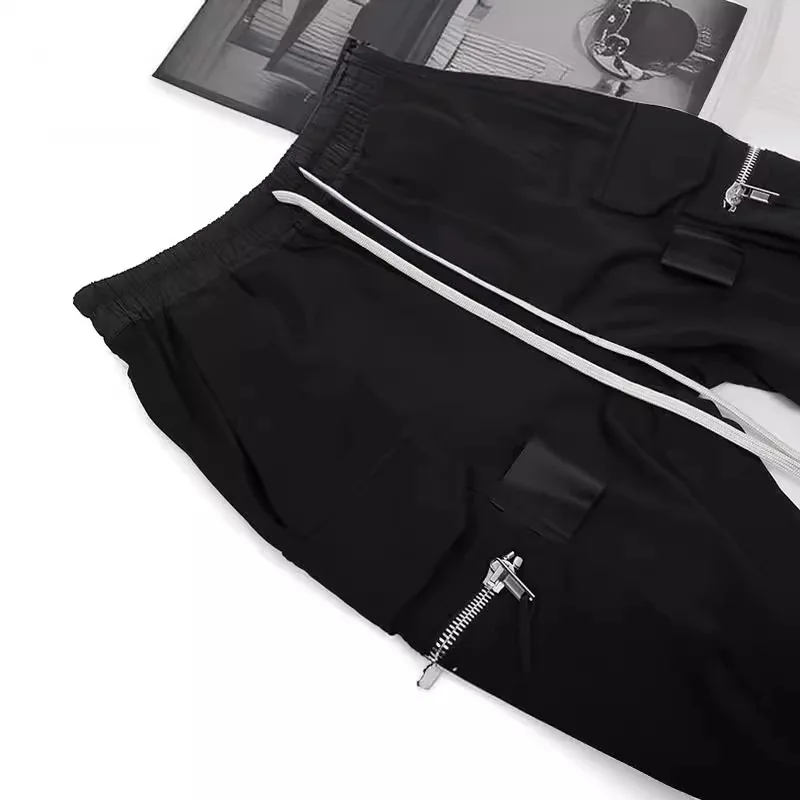 Dark RO Black High Street Multi Pocket Work Fashion Men's Elastic Waist Shell Pants Leg Binding Pants Slim Casual Pants