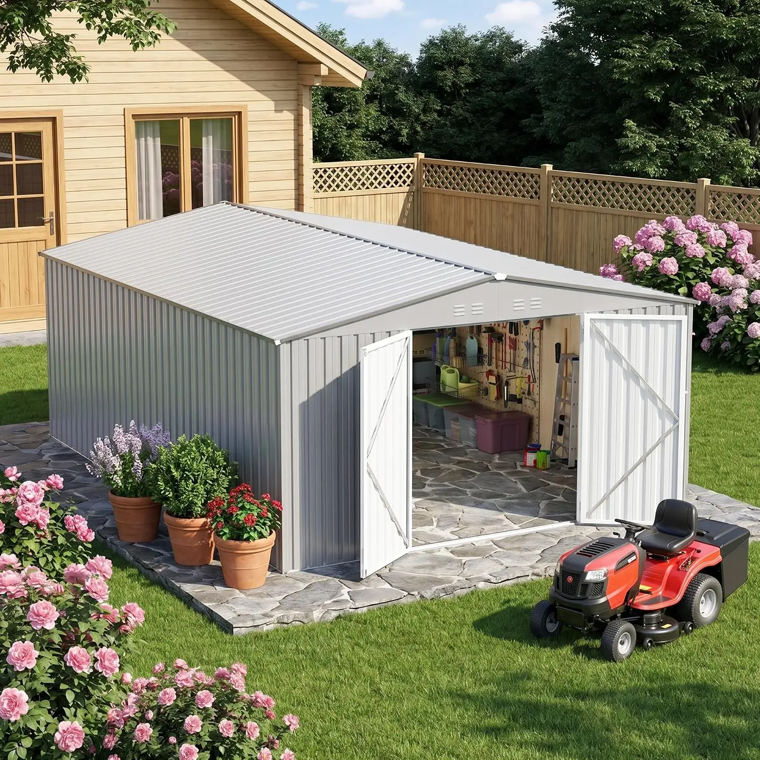 10 x 12 FT Large Metal Storage Shed, Waterproof Garden Shed with Sloped Roof, Lockable Door & Vents, Heavy Duty, Customized