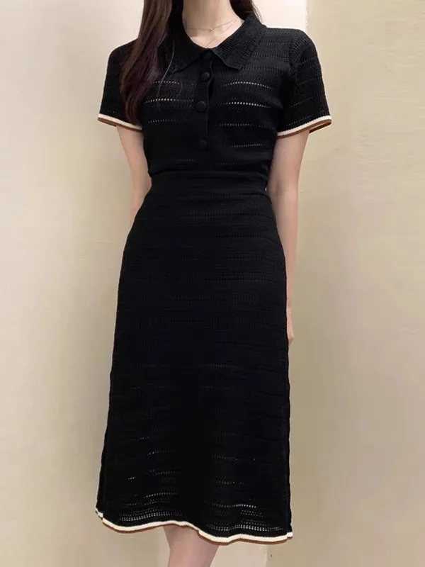 

Ele Thin Knitted Top with Collar And Hollow out Design plus High Waist Bodycon Skirt Women's Faion Set
