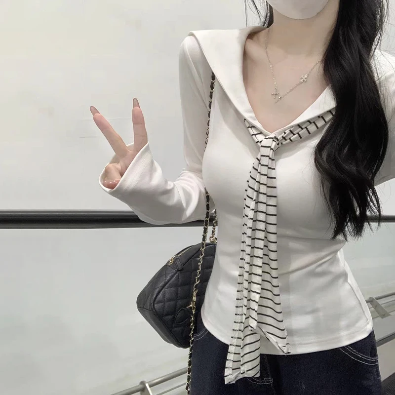 

Korean Stripe Lace-up Navy Collar Long Sleeve Versatile Slim Knitted Sweater For Women