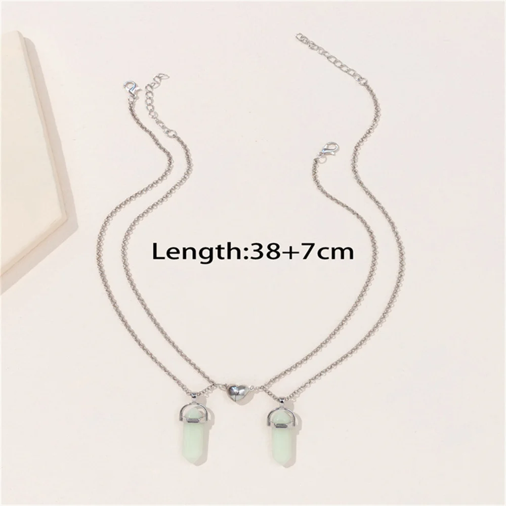 2PCS Luminous Hexagonal Column Couple Magnetic Necklace for Women Romantic Natural Stone Geometric Pendant Necklace Jewelry Gift