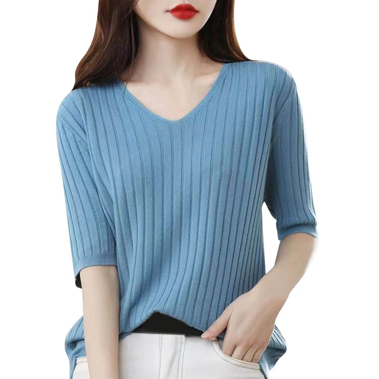 T-shirt Women's V-neck Pullover Half Sleeve Top Fashionable Age Reducing Loose Short Sleeve T-shirt Spring/Summer