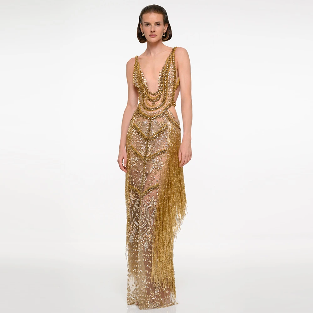 Exquisite Mermaid Evening Dress Sparkly Crystal Tassel Customized Celebrity Gowns  See Through Backless Tulle Prom Dresses