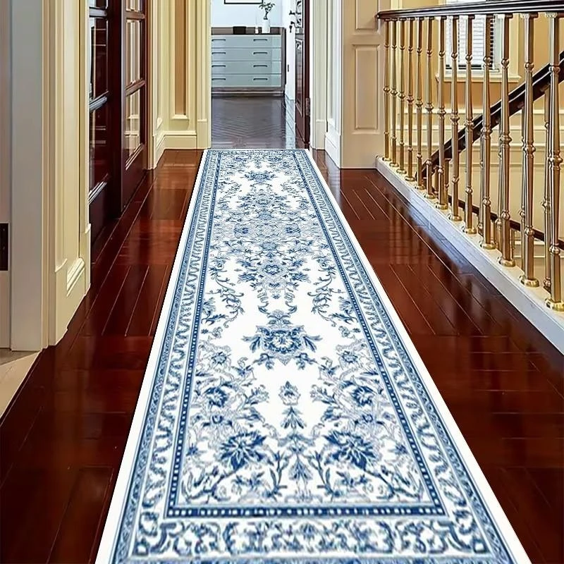 VIKAMA Blue and White Porcelain Floral Print Runner Rug Non Slip Soft Hallway Carpet for Living Room Bedroom Elegant Home Decor