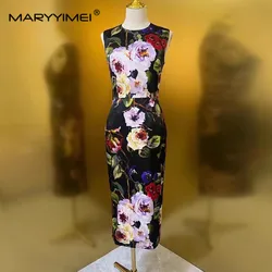 MARYYIMEI New 2024 Fashion Designer silk Women's Pencil dress Sleeveless Floral Print Slim Elegant Package hip silk Dresses