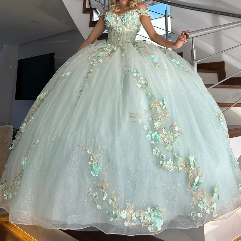 Luxury Light Green Princess Quinceanera Dresses 3D Floral Sparkling Off The Shoulder Applique Beads Tull 2024 Sweet 16 Vestidos