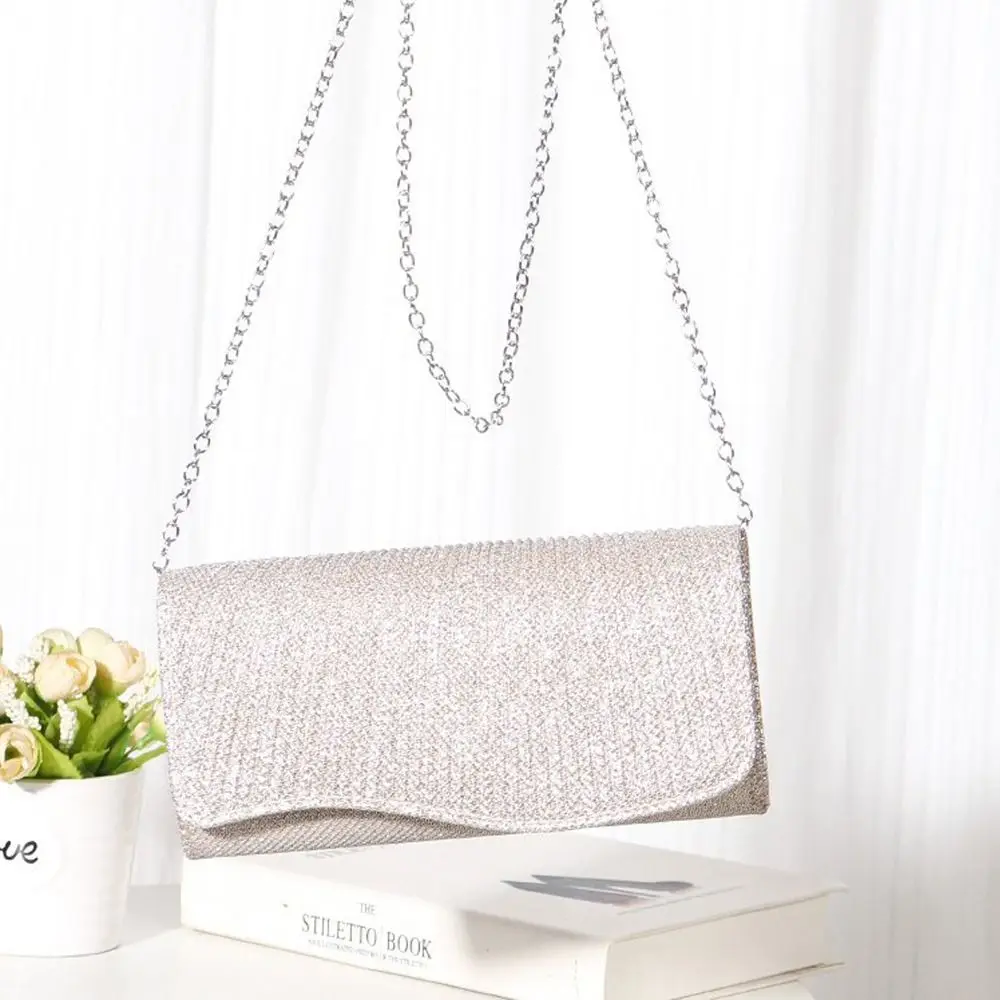 New Shiny Glitter Handbag Silver Color Clutch Envelope Evening Bag Chain Shoulder Elegant Long Purse for Wedding Party