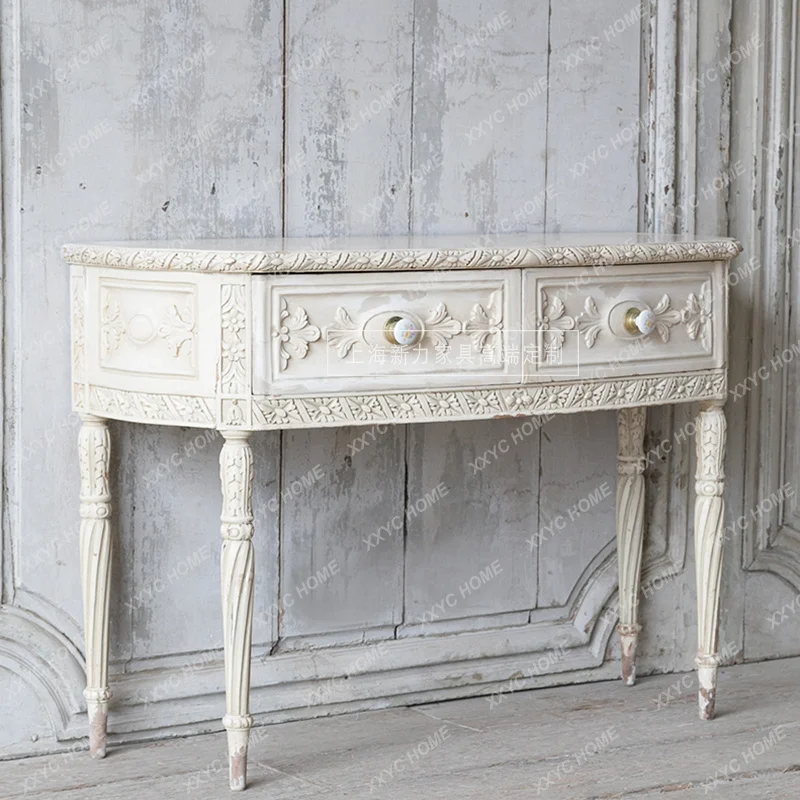 

Французско-американский кантри, полностью резьба по дереву, цветок, белый старый изогнутый стол с ящиками, письменный стол