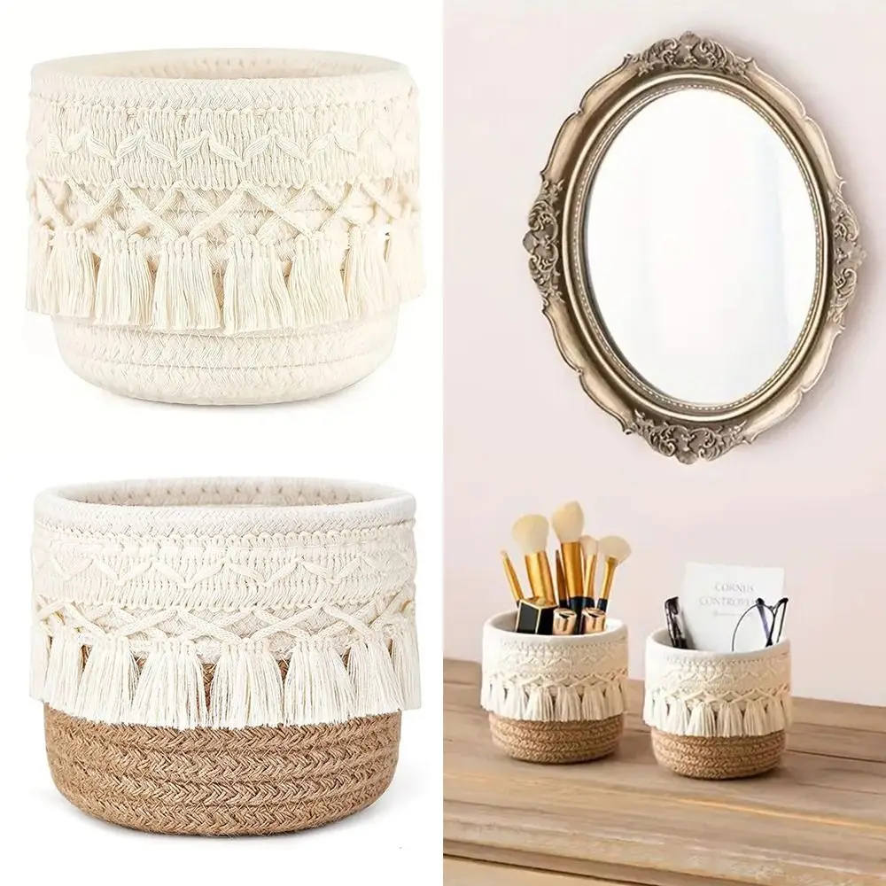 Quasten-Desktop-Aufbewahrungskorb Weiß Kaffeebraun Baumwollseil Make-up-Pinsel-Aufbewahrungsbox Foto-Requisiten Gewebter Stifthalter Büro-Ornament