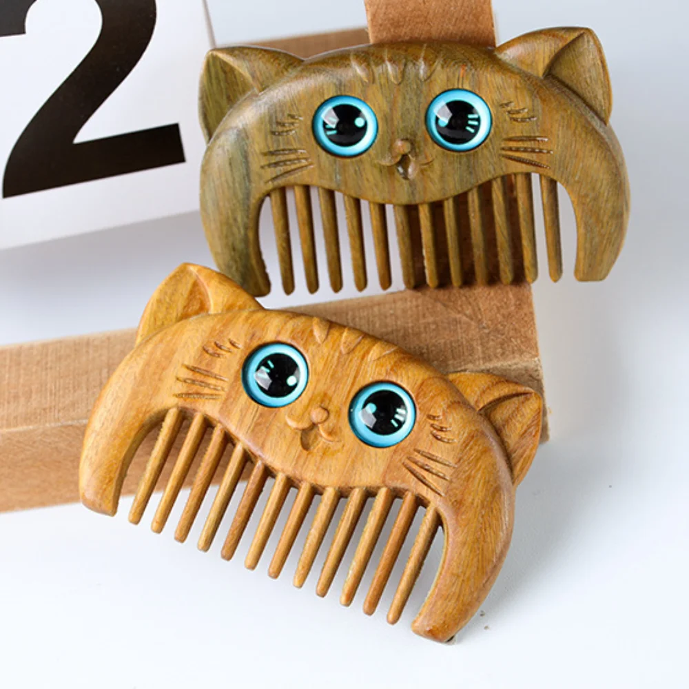 Wood Green Sandalwood Kitten Comb Cute Narrow Tooth Head Acupuncture Point Massage Comb Traditional Coarse Tooth