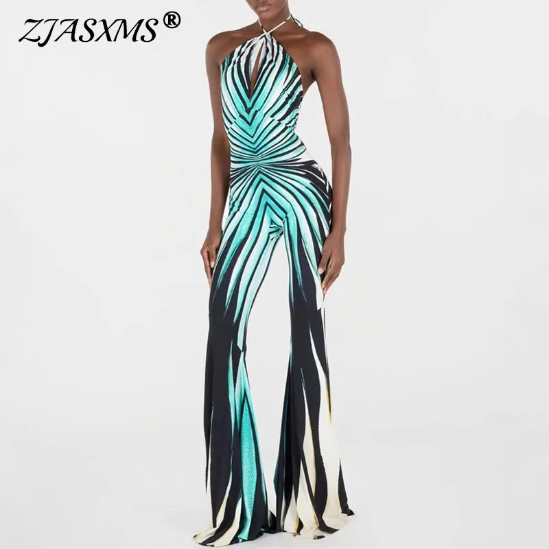 

Шикарный женский комбинезон в полоску с лямкой на шее, сексуальный комбинезон с завязками на спине, полые узкие расклешенные брюки, комбинезон, комбинезон Femme, уличная одежда, комбинезоны