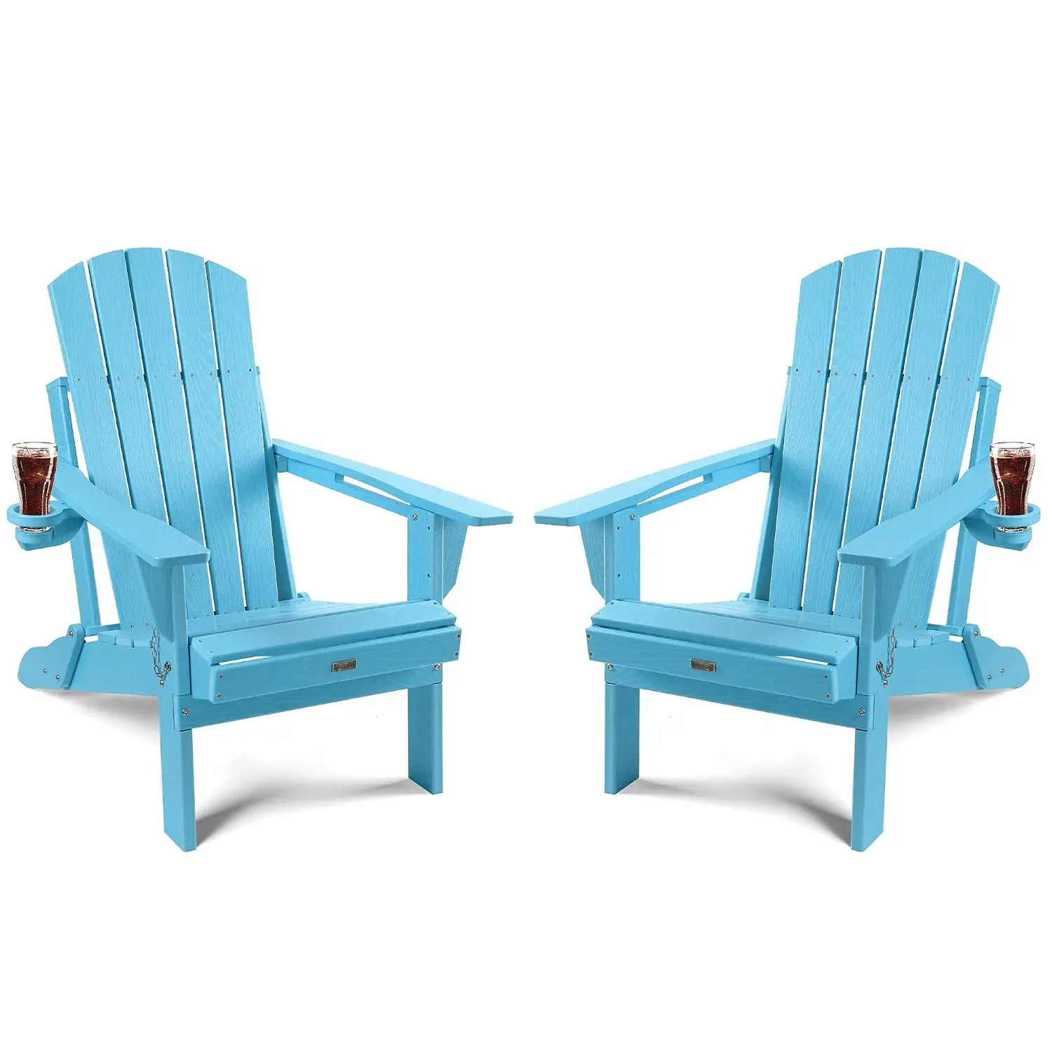 HDPE Folding Adirondack Chairs Set 2, Wood Texture Higher Back All Weather Outdoor Chair with Cup Holder for Patio, Customized