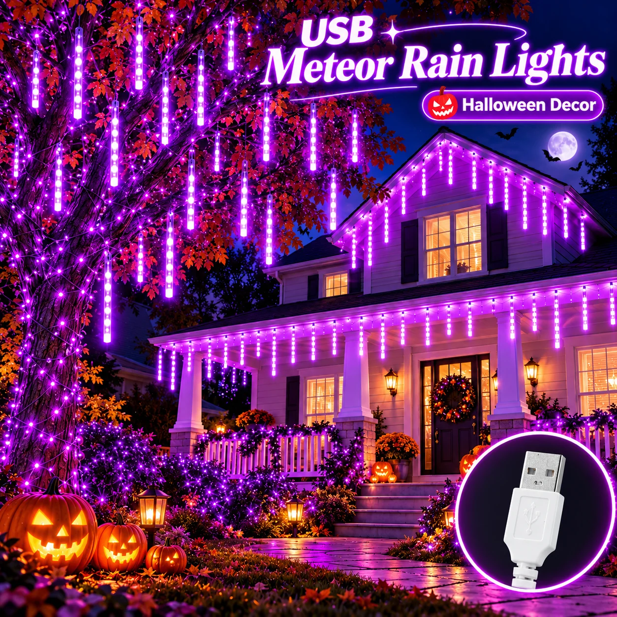 Meteor Shower Lights Falling Rain LED Tube String Lights USB Green Purple Warm White Blue for Window Tree Party Halloween Decor