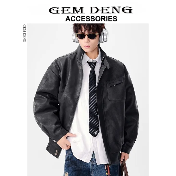 

Новинка 2025, ретро, американская повседневная мужская куртка с тяжелым воротником-стойкой, мотоциклетная кожаная куртка, модное осенне-зимнее пальто