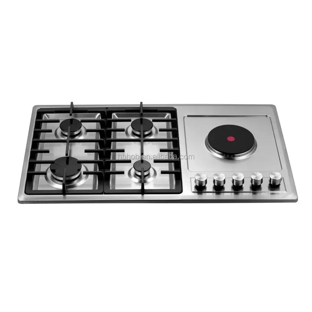 Aparato de cocina Panel de acero inoxidable Estufa de gas de 5 quemadores con placa calefactora