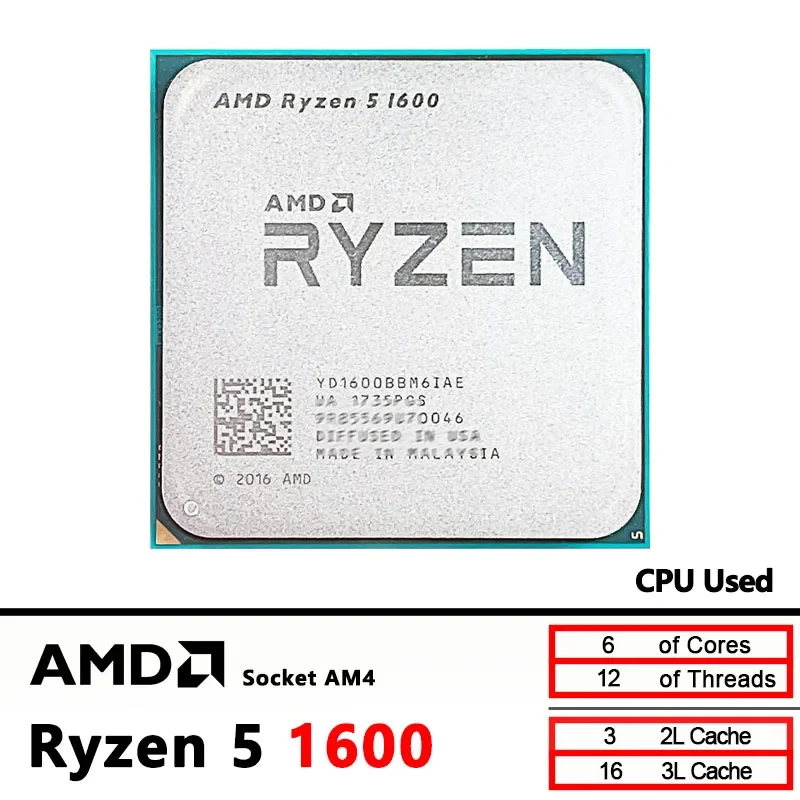 Processeur AMD Ryzen 5 1600 R5 1600 3,2 GHz six cœurs, douze threads, 65 W, socket AM4, YD1600BBM6IAE