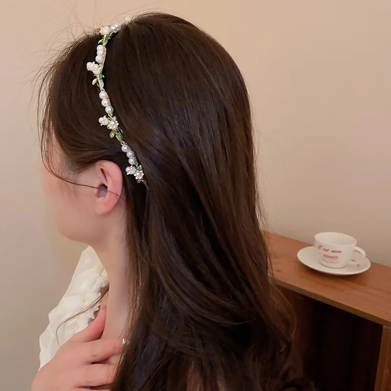 Pearl Flower Leaf Hair Band for Women High Skull Top Pressure Fashion Floral Charm HairBands Versatile Hair Accessories