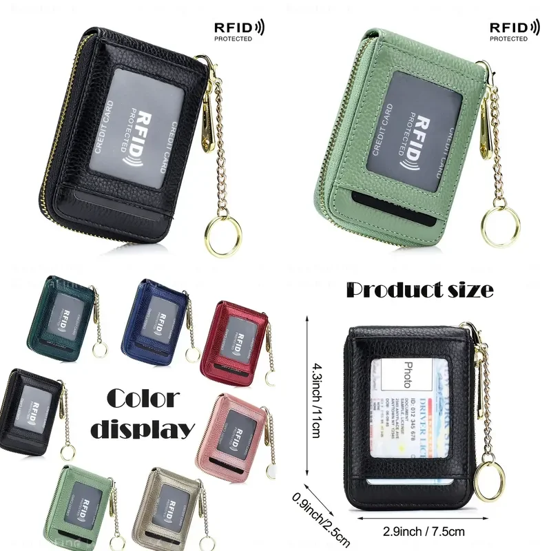 Women RFID Blocking Credit Card Holder Wallet with Keychain and ID Window Genuine Leather Zipper Card Case Compact Design
