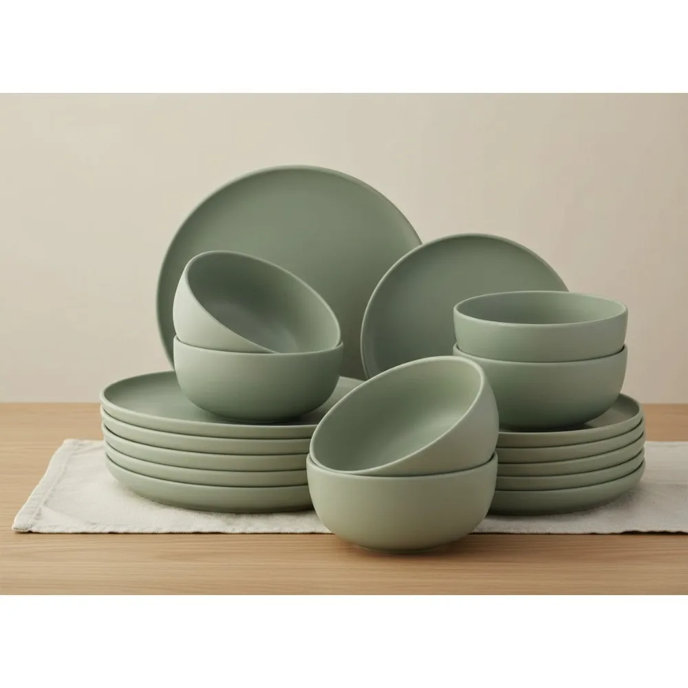 

Modern Farmhouse Stoneware Dinnerware Set 18-Piece Plates Bowls Sage Green Dish Set for 6