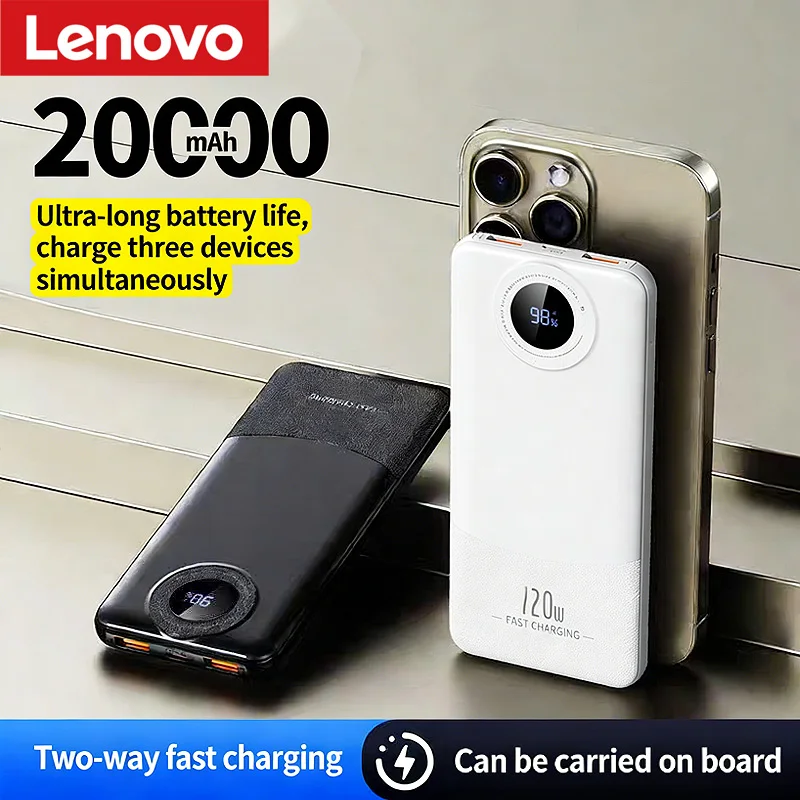 Batería Externa Lenovo de Gran Capacidad de 20000 mAh, Carga Rápida de 120 W, Pantalla Digital, Batería Externa para iPhone y Samsung
