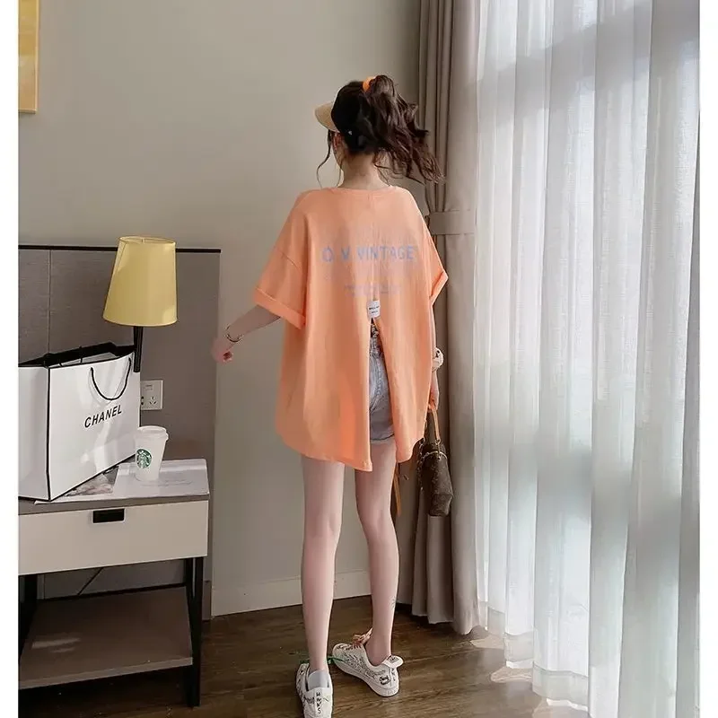 Tops Midi Casual Pulovers Fashion Aesthetic Short Sleeve Korean Graphic Women's T-shirt Summer T Shirt Clothes Backless Loose