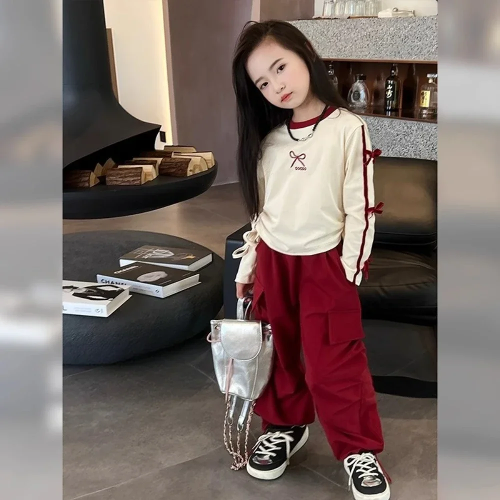 Korean Style Fashionable Outdoor Red Girls'Clothing with Bow Decoration Long Sleeved Drawstring Top+ Work Pants Two-piece Set