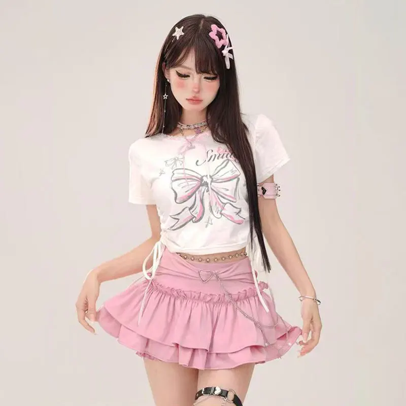 Fashionable Sweet Bow Pink Black Cake Skirt Tutu Skirt Super Short