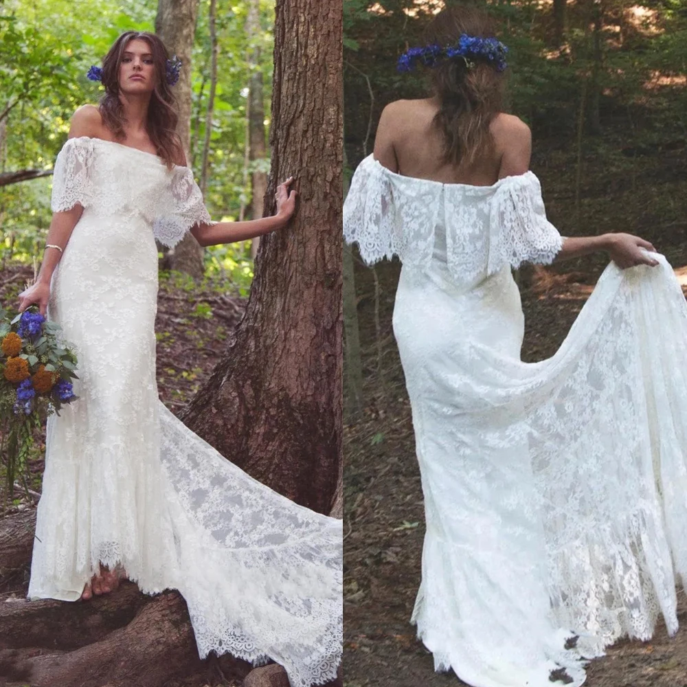 

Винтажные кружевные свадебные платья русалки с вырезом «лодочка» и открытыми плечами, короткие свадебные платья в богемном стиле в стиле бохо, элегантный шлейф цвета слоновой кости