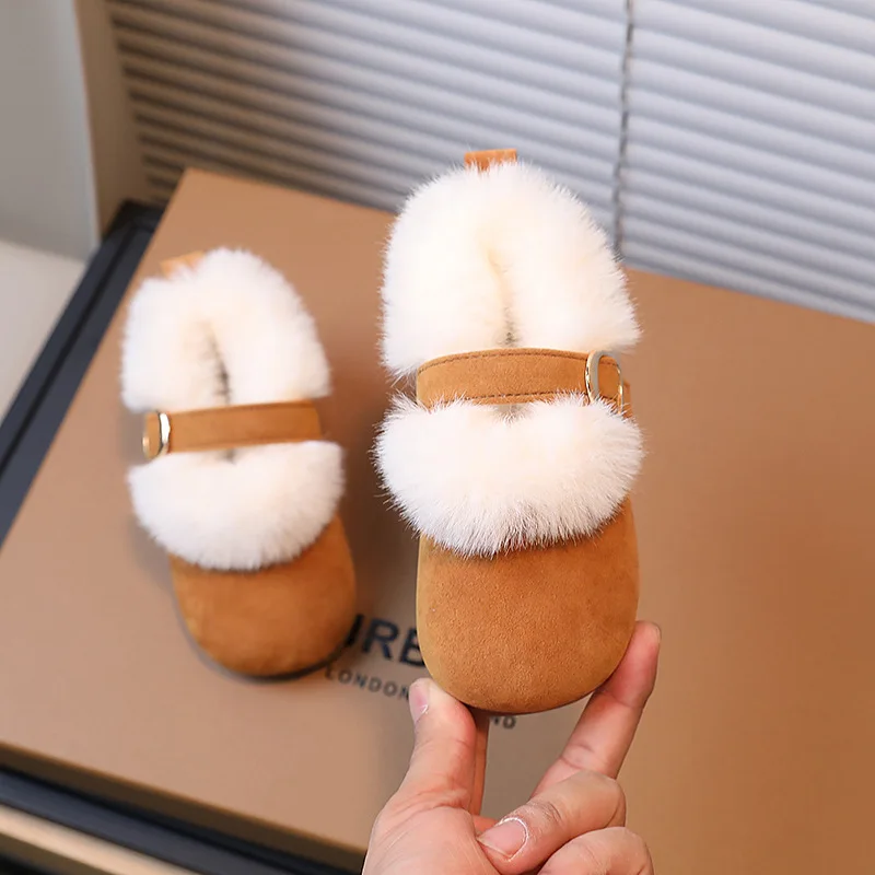 Kids Padded Warm Shoes Witner Children\'s Fur Flats Girls Fluffy Outdoor Cotton Casual Shoes Boys Faux Fur Boots 2-7 Years Old