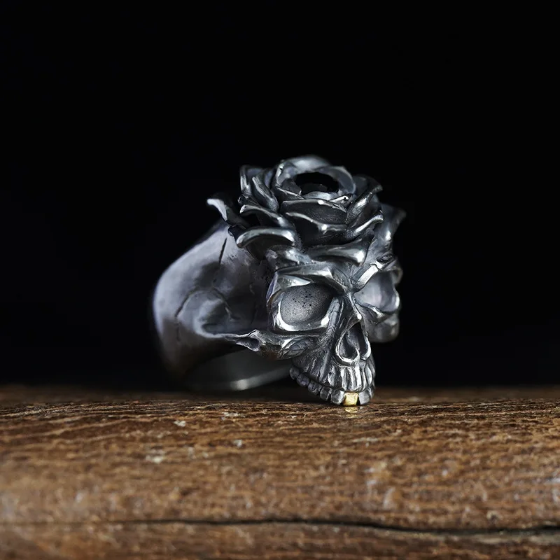 Europe and America Retro Silver Color Fine Carved Rose Skull Ring UNISEX Punk Hip Hop Party Jewelry Ring