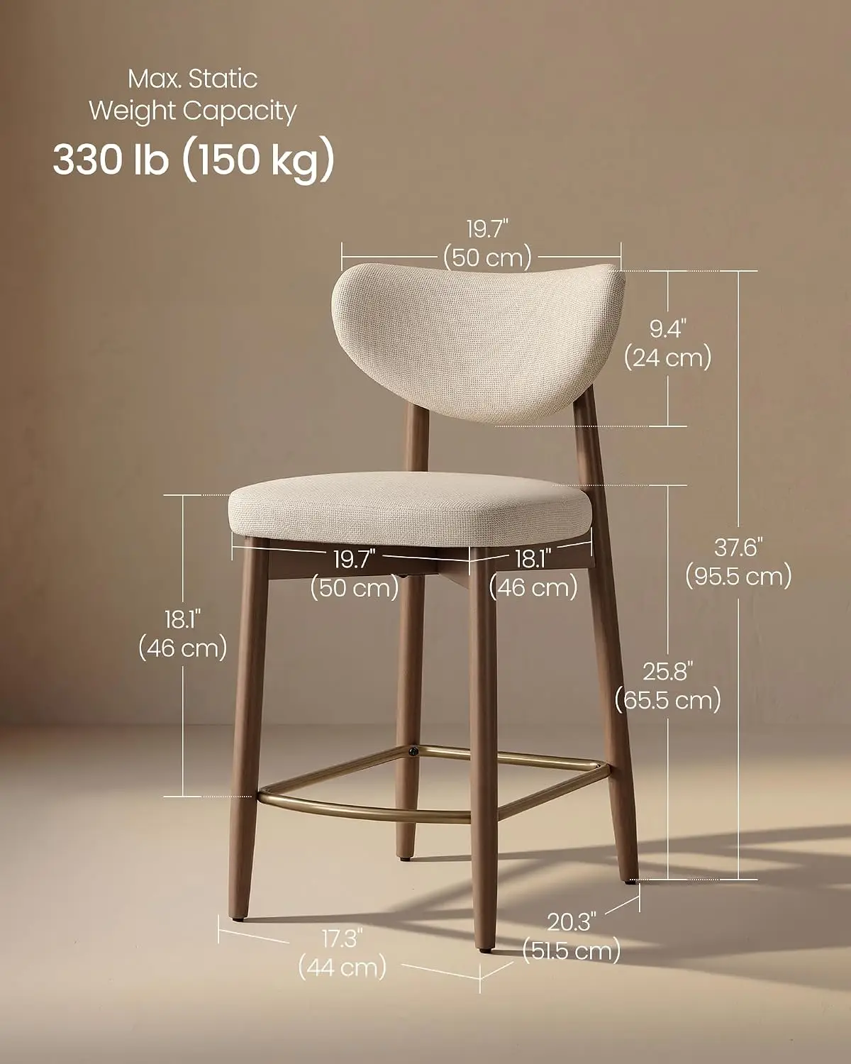 Wooden Bar Stools Set of 2, Linen-Look Fabric, Cappuccino Beige | Barstools with Solid Wood Legs, Ergonomic Backrest, Mid