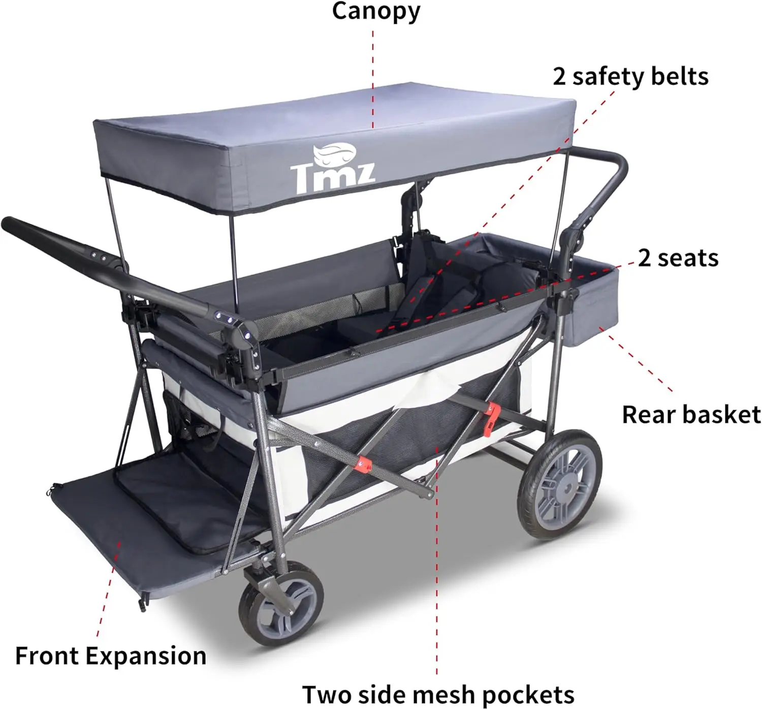 Tmz Foldable Wagon With Canopy, Collapsible Folding Wagon With Adjustable Handle Bar,Multi Functional Cart With Expansion