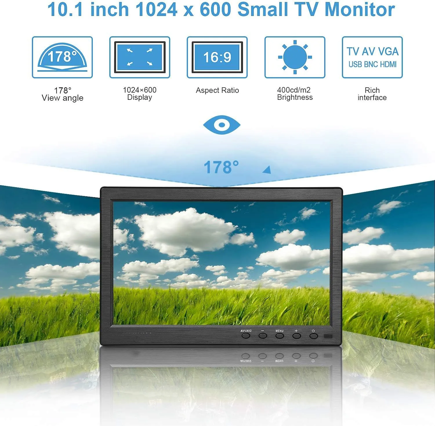 Uvusee 10.1inch Small 1080P Portable IPS HDMI Monitor 1024x600 Built-in Speaker HDMI VGA AV BNC Input For PC Game CCTV Camera
