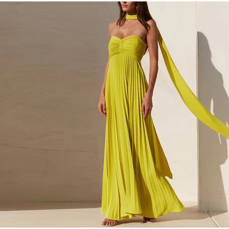 Elegant Strapless Ribbon Long Dress Women Sexy Sleeveless Backless Pleated Party Dresses 2024 Summer Lady Sexy Evening Robes New