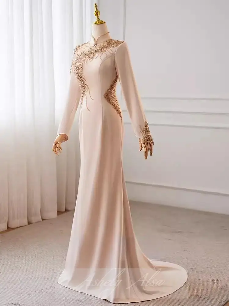 Real Picture Arabic Evening Dresses Long Sleeve 2024 Beads Mermaid Women Formal Occasion Mother Wedding Party Gown فساتين سهرة