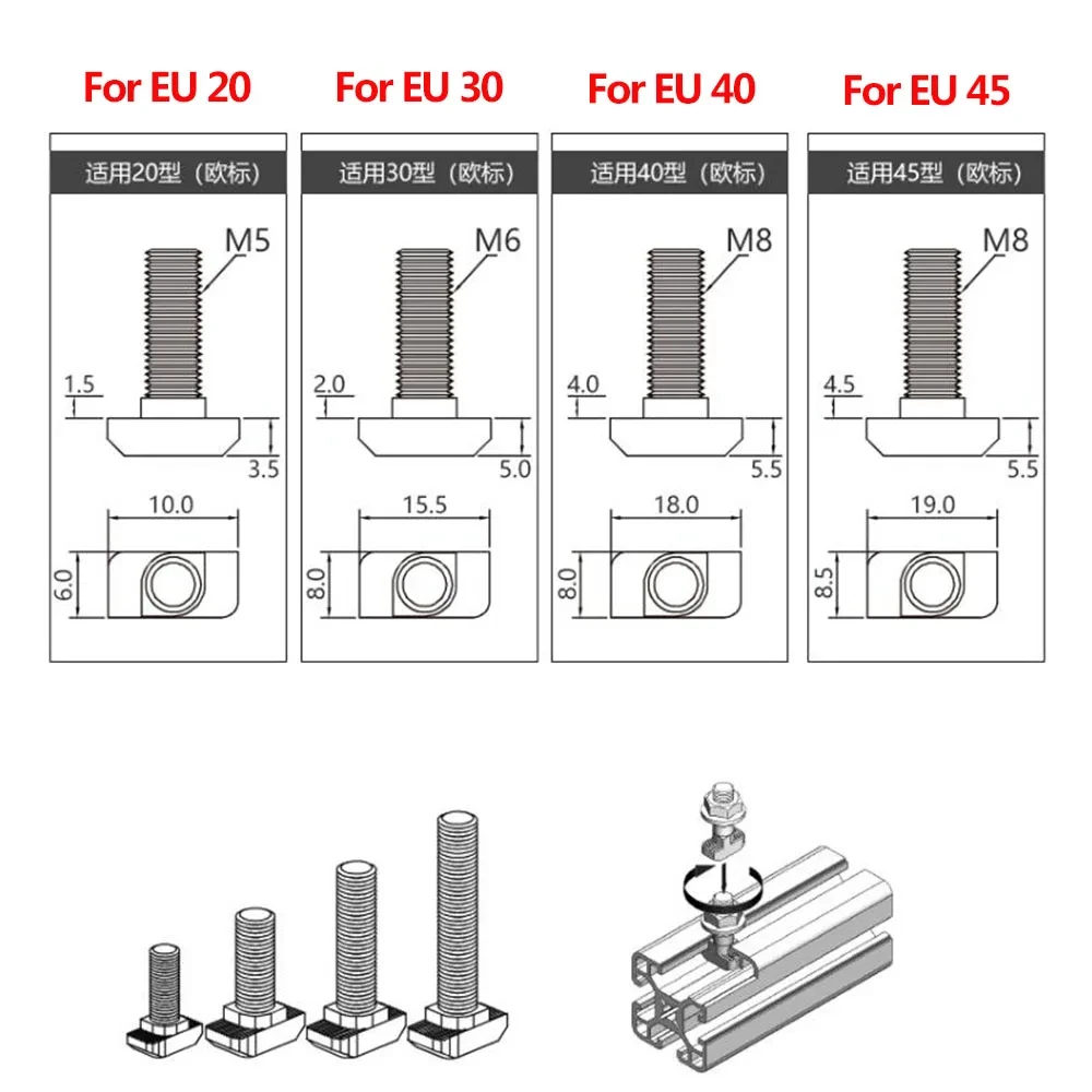 Eu Standard 20 30 40 45 Series T Shaped Hammer Bolt Aluminum profile accessories T Shaped Bolt Nut + Flange Nut M5 M6 M8