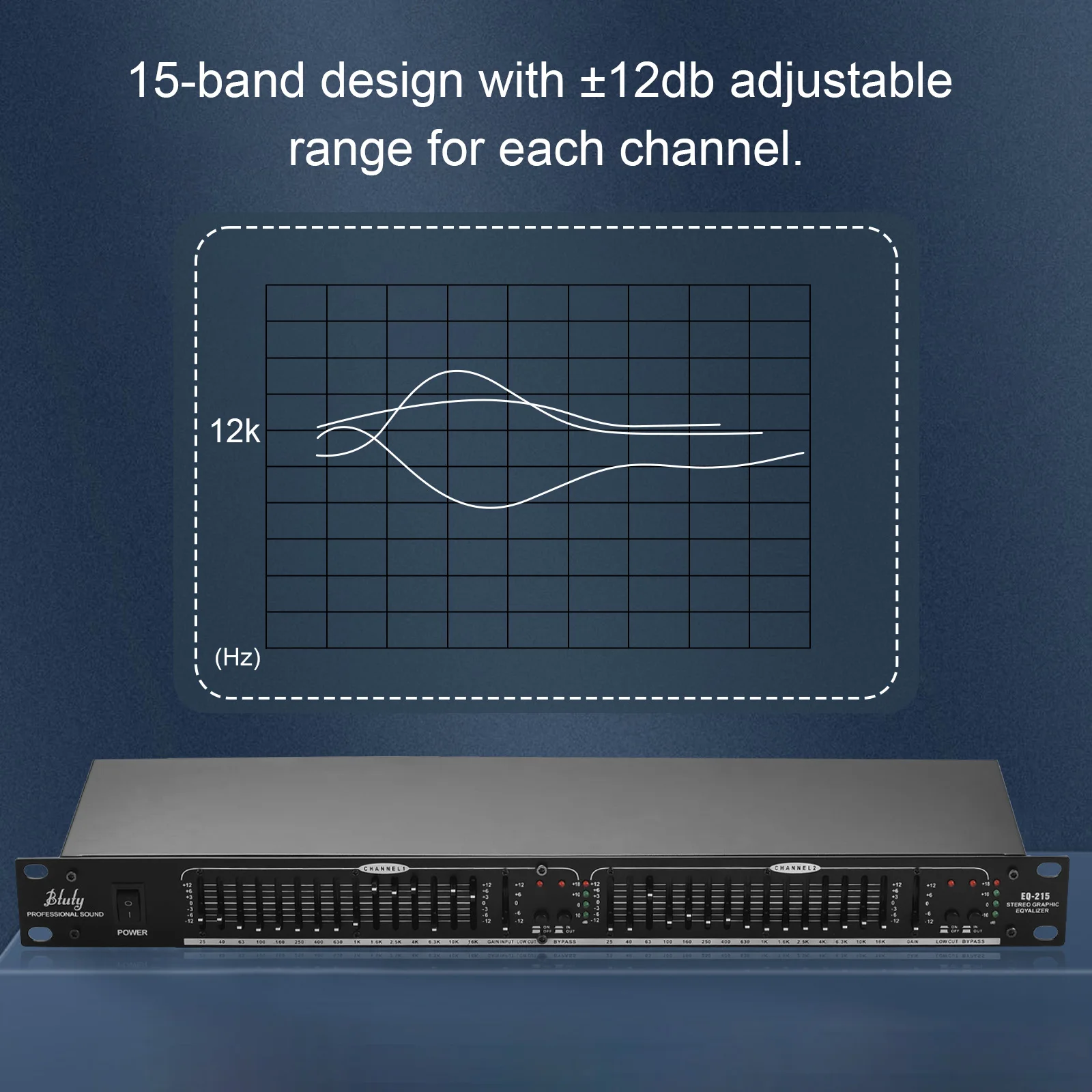 Btuty EQ-215 Dual Channel 15-Band Equalizer 1U Rack Mount 2-channel Stereo Graphic Equalizer