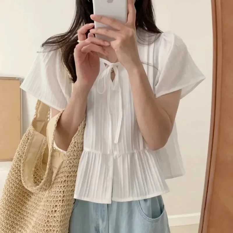

Y2K Chic Bow Tops&Tees Girl Korean Summer Gentle And Sweet Bow Fold Flying Sleeves Fashion Versatile T-Shirt Commute Top Tee New